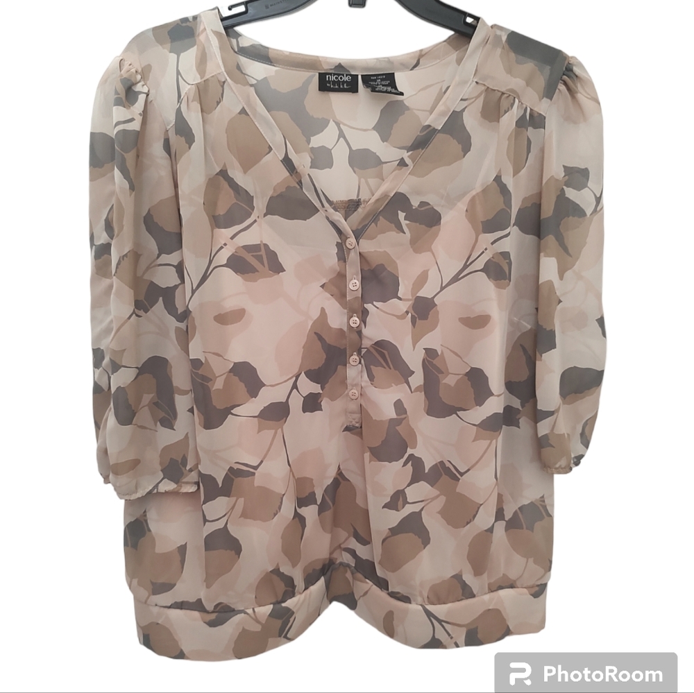 Beautiful Nicole by Nicole Miller 2-in-1 Blouse Top size 14 Neutral Floral